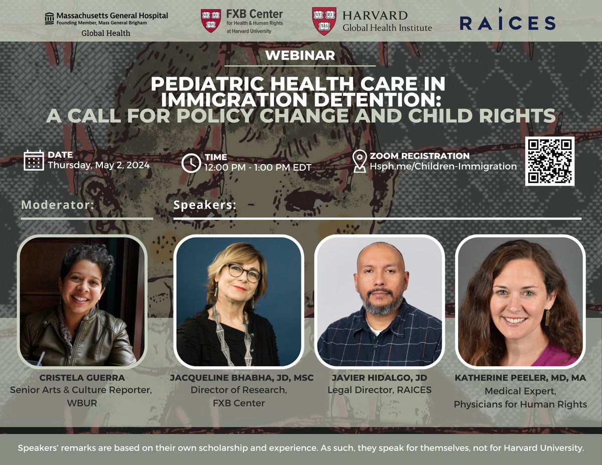 🗓️ Join us on May 2 at 12pm EDT for a virtual conversation to discuss and contextualize the key findings in the Jan. 2024 'Child Migrants in Family Immigration Detention in the US' report. Q&A to follow. Full report ➡️ hsph.me/Child-Migrants Register ➡️ hsph.me/May2024