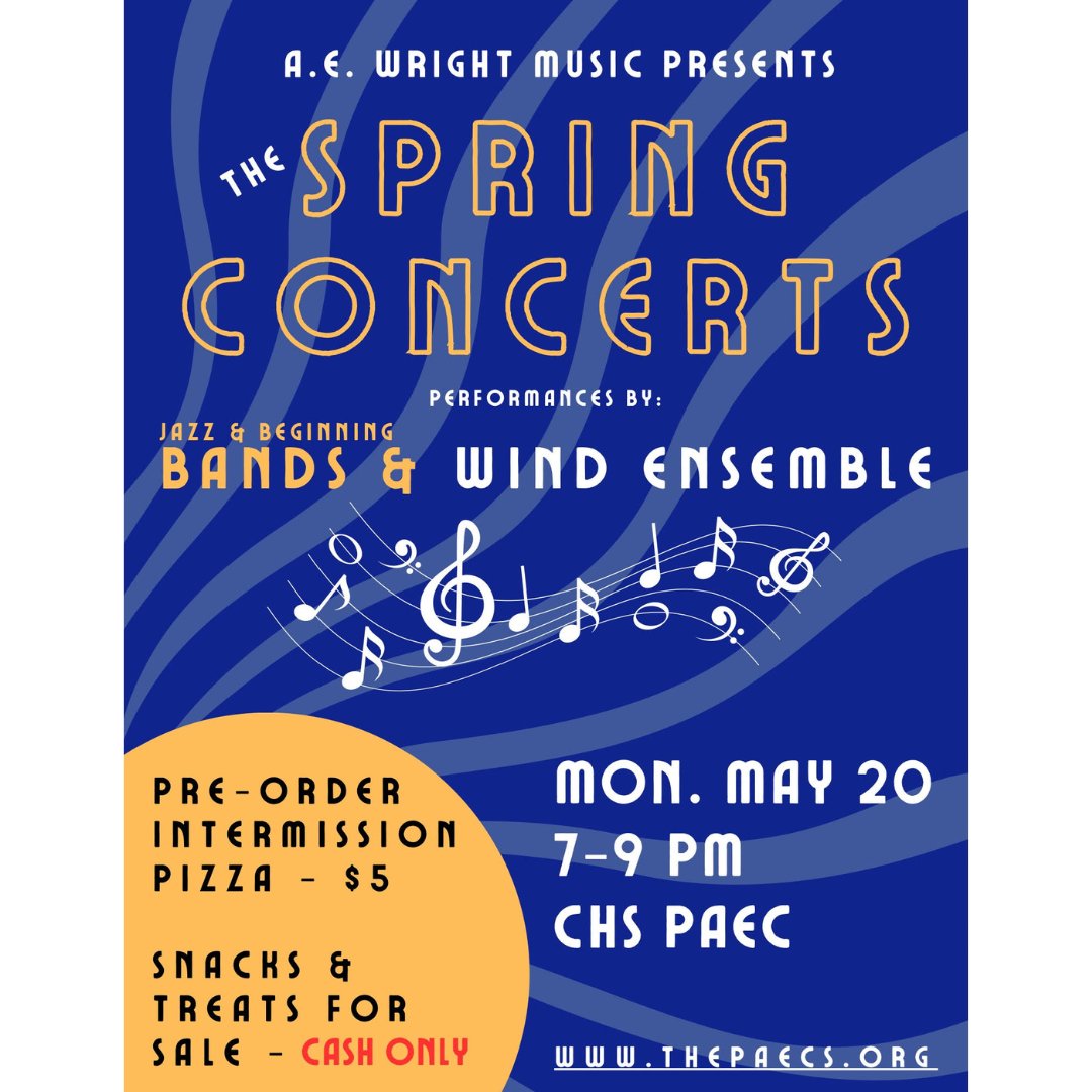AEWrightMS's tweet photo. The AEW music department's Spring Concerts are fast approaching...mark your calendars! Thursday, May 16th and Monday, May 20th at the CHS PAEC, 7-9pm both nights. 🎶#aewms #lvusd https://t.co/0k47GCzcRV