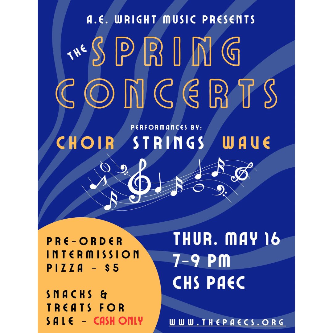 AEWrightMS's tweet photo. The AEW music department's Spring Concerts are fast approaching...mark your calendars! Thursday, May 16th and Monday, May 20th at the CHS PAEC, 7-9pm both nights. 🎶#aewms #lvusd https://t.co/0k47GCzcRV
