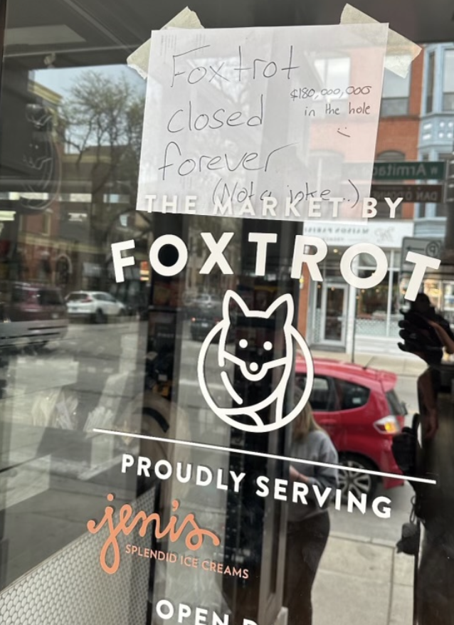 How did Foxtrot/Dom's grocers implode? Not clear yet. Sign outside one store says, '$180,000,000 in the hole :/'