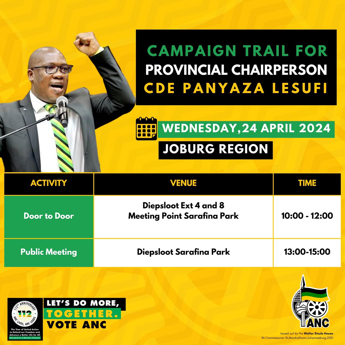 ANC GAUTENG PROVINCIAL CHAIRPERSON ,CDE PANYAZA LESUFI ,WILL EMBARK ON AN ELECTION CAMPAIGN TRAIL TOMORROW IN DIEPSLOOT,JOHANNESBURG.

#VoteANC
#VoteANC2024 
#LetsDoMoreTogether