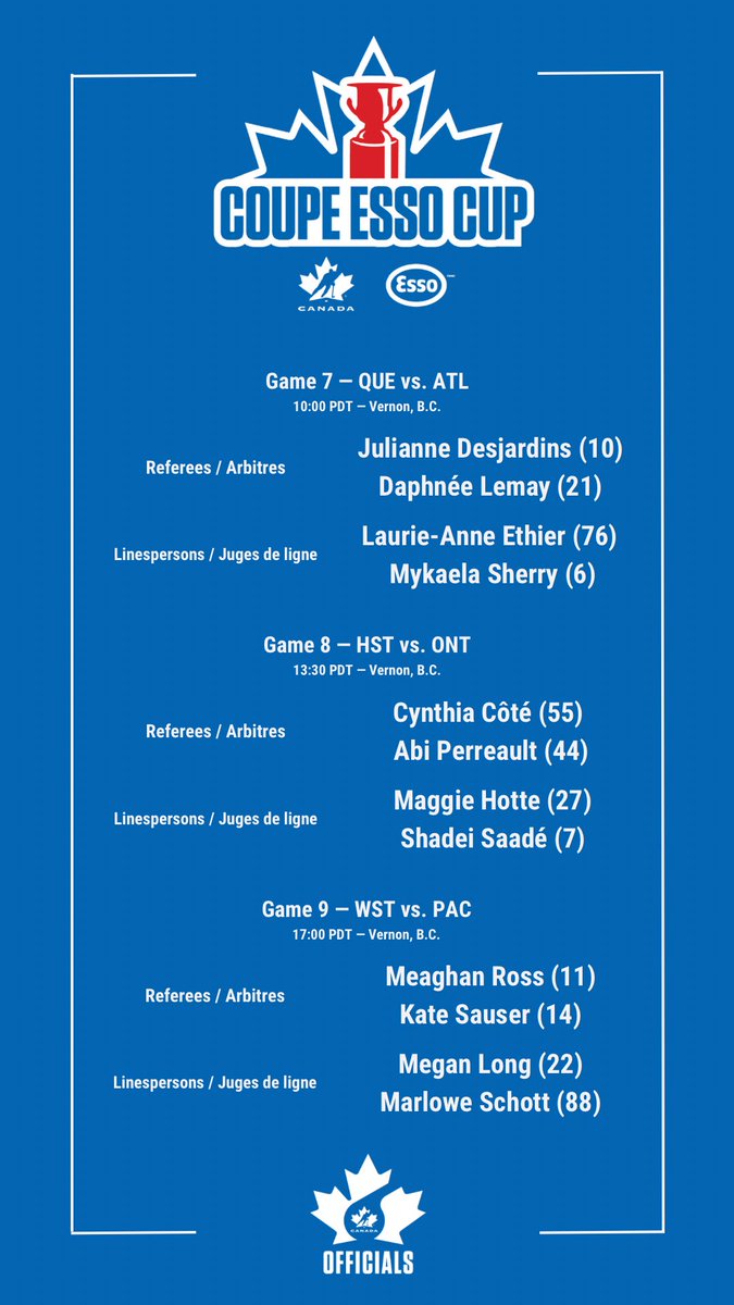 The officials for today's games at the TELUS Cup and Esso Cup. Les officiel(le)s pour les matchs d'aujourd'hui à la Coupe TELUS et la Coupe Esso.