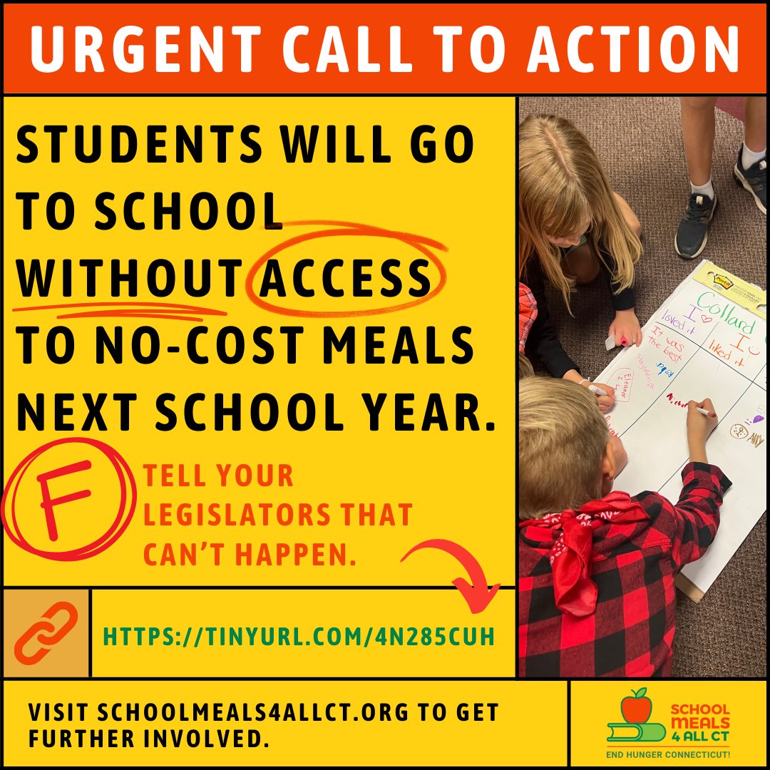 Tell your legislators now is not the time to eliminate a critical nutritional program. For the first time in four years, #connecticut families will have to pay the cost of school breakfast and lunch. We can’t go back: tinyurl.com/4n285cuh #schoolmealsforall