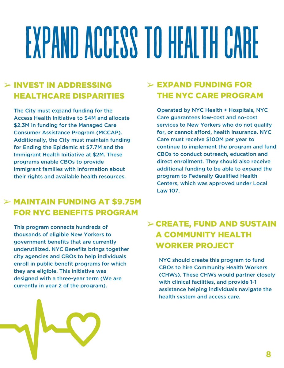 NYC must expand access to health care! ❤️‍🩹Invest in addressing healthcare disparities. ❤️‍🩹Expand funding for the NYC Care program. ❤️‍🩹Maintain funding for NYC Benefits program. ❤️‍🩹Create, fund and sustain a Community Health Worker project. Learn more: maketheroadny.org/2024-nyc-polic…