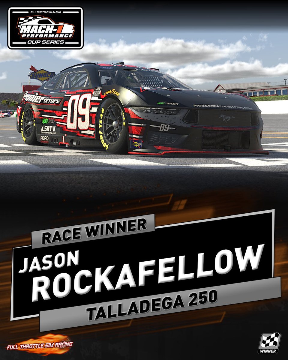 jrock_912's tweet photo. Got the damn thing done last night! Started 18th in the field & went on to lead 33/94 laps. Such a fast car all night long & can’t thank those enough who allowed me to run this race. 1-3 in FTSR! 🏁🔥
#iRacing #SimRacing #LSRTV #Talladega #Mach1Performance #FTSR #NASCAR #eNASCAR https://t.co/kQg11qn5TG