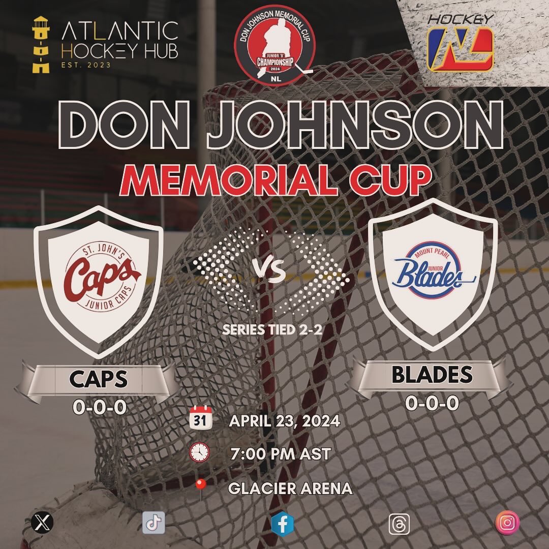 atlhockeyhub's tweet photo. The 2024 Don Johnson Memorial Cup starts tonight in Mount Pearl, NL as St. John Junior Caps face host Mount Pearl Junior Blades at 7:30 pm AST. Stay tuned to Atlantic Hockey Hub for updates all week!

#2024DonJohnsonCup #AtlanticHockeyHub #Hockey https://t.co/S1ovM0EvPv