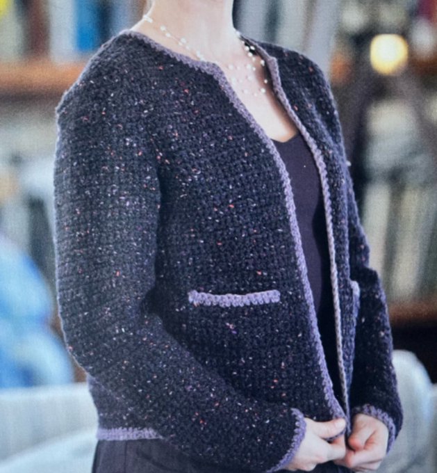 Crochet Classic Tweedy Jacket Pattern 🖤💜 A Stylish jacket that is perfect for any occasion, from a day at the office to a night out on the town. The lovely design is made with a cosy tweedy soft yarn. 😊 #MHHSBD #craftbizparty #womaninbizhour #UKMakers