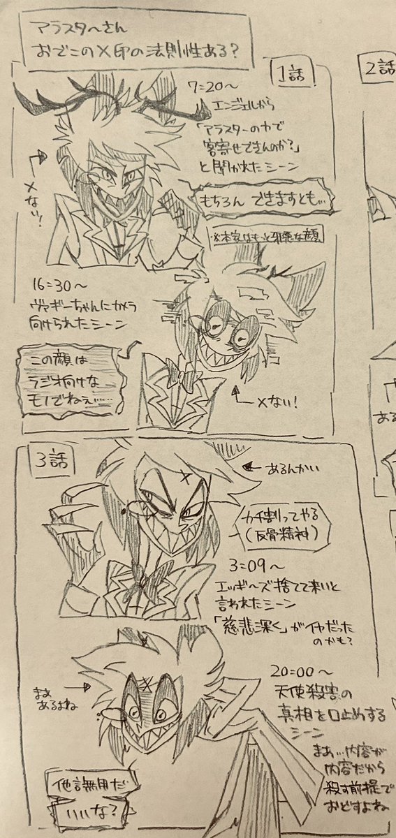 アラスタ〜さんのおでこの❌が表れるタイミングについて考えてた ❌が出る時は決まって敵対相手への殺意がある時で、仲間には脅しはしても殺意向けることなかったんやなって…(エッギーズにスパイがどうとか書いてるけどそこ解決済でも信用度の低さがあったので多分ここで判断分かれる)