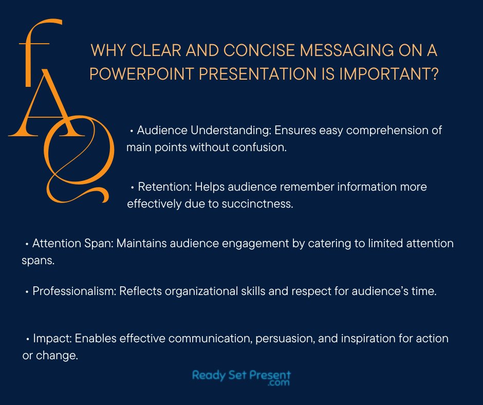 Unlocking Impact: The Power of Clear and Concise Messaging in Presentations 💻💡
readysetpresent.com
#communicationskills #presentationskills #FAQ #clearandconcisemessaging #PowerPoint #powerpointpresentation