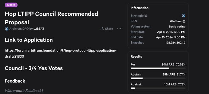 Hop's LTIPP Proposal Passes Arbitrum Governance