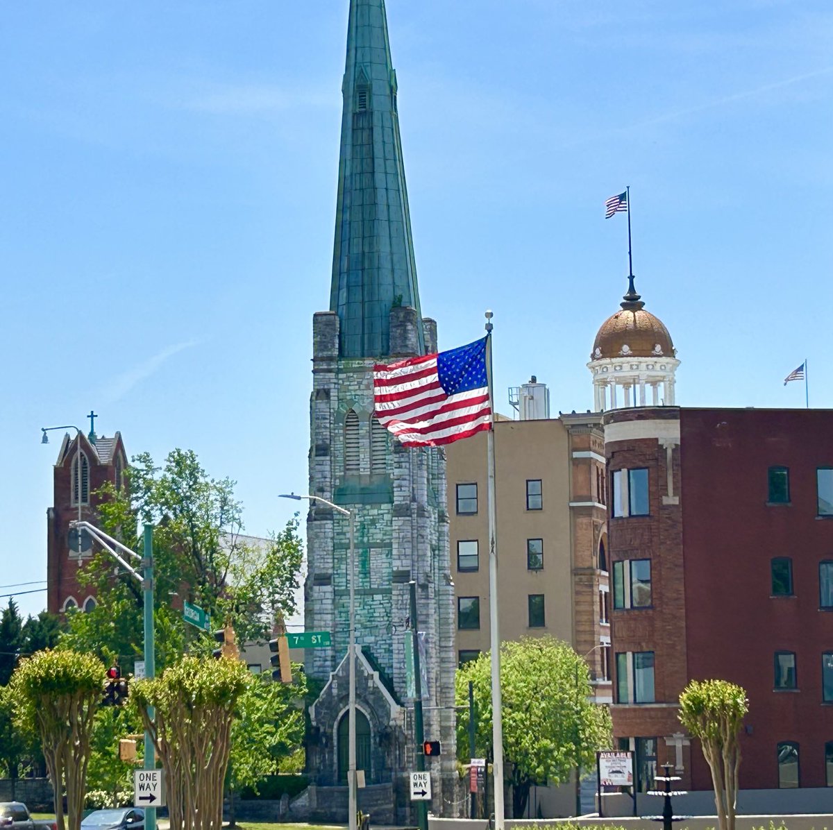 Admiring Old Glory and some kool old architecture during my walk today…