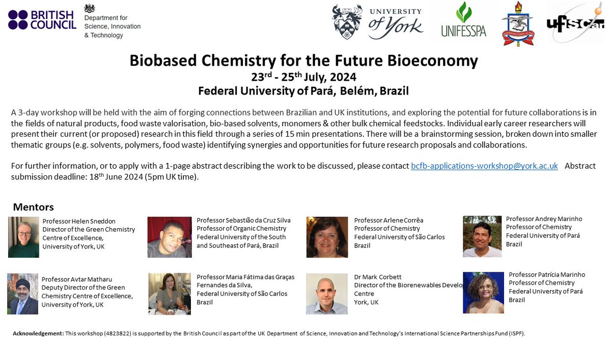 WORKSHOP: Biobased Chemistry for the Future Bioeconomy. For further information, or to apply with a 1-page abstract describing the work to be discussed, please contact bcfb-applications-workshop@york.ac.uk Abstract submission deadline: 18th June 2024 (5pm UK time). @sbquimica