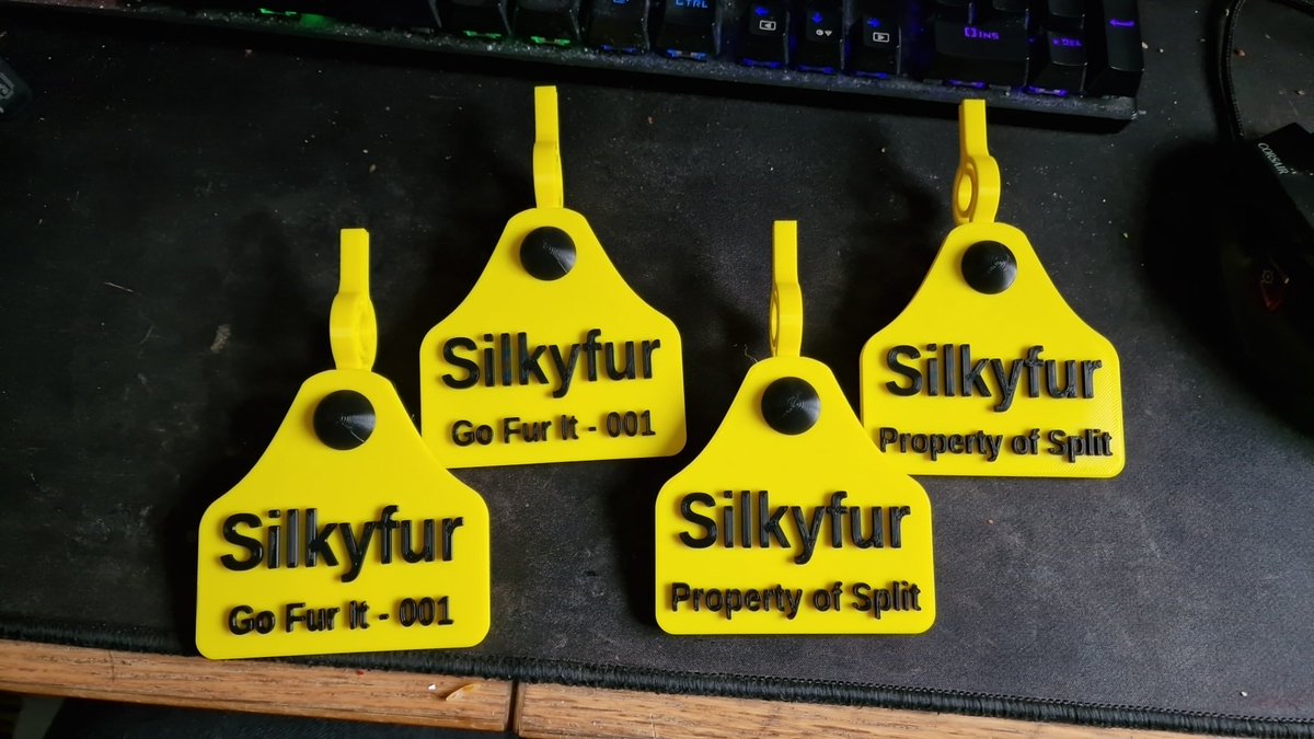 A new set of tags for the first ever person I printed a tag for, @Silkyfur1! I've definitely gotten the method down since then. 😂

If you want one, there's loads of time to get one in time for collection at Confuzzled! ♥️🐇