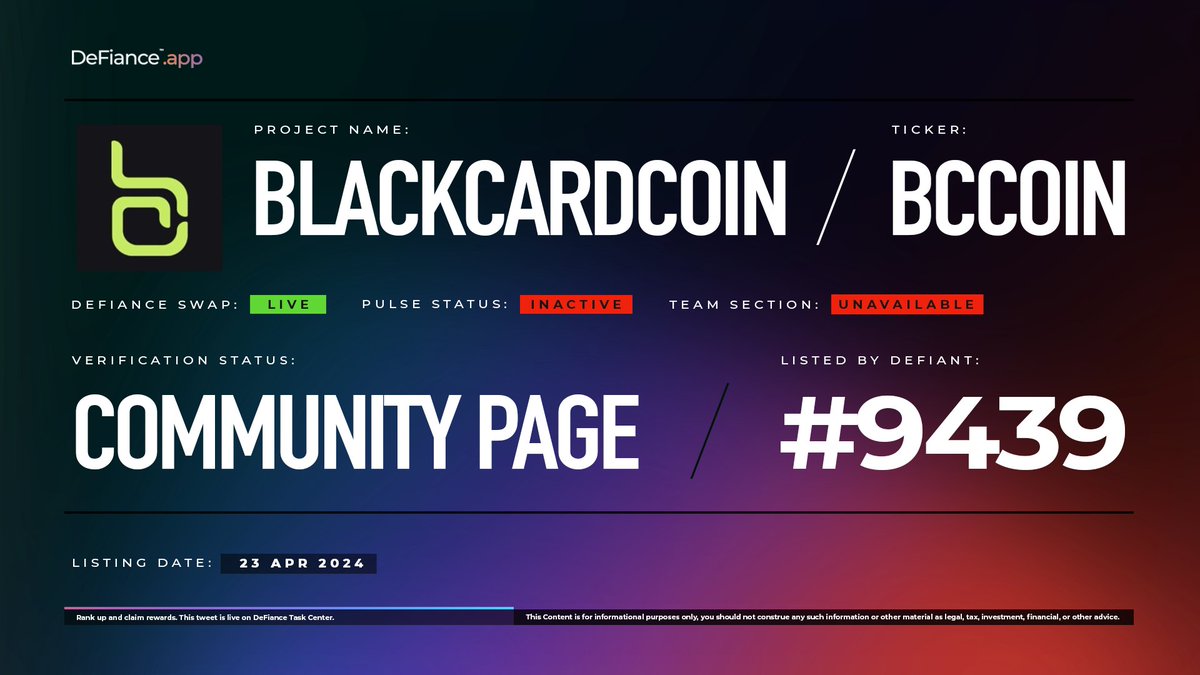 .@BlackCardCoin community page is now live on DeFiance.app/project/Blackc…. $BCCOIN is now listed on #DeFianceSwap. BlackCard is a special Crypto Credit Card that lets you use your crypto like regular money everywhere. Learn more at: users.DeFiance.app. #Blackcardcoin…