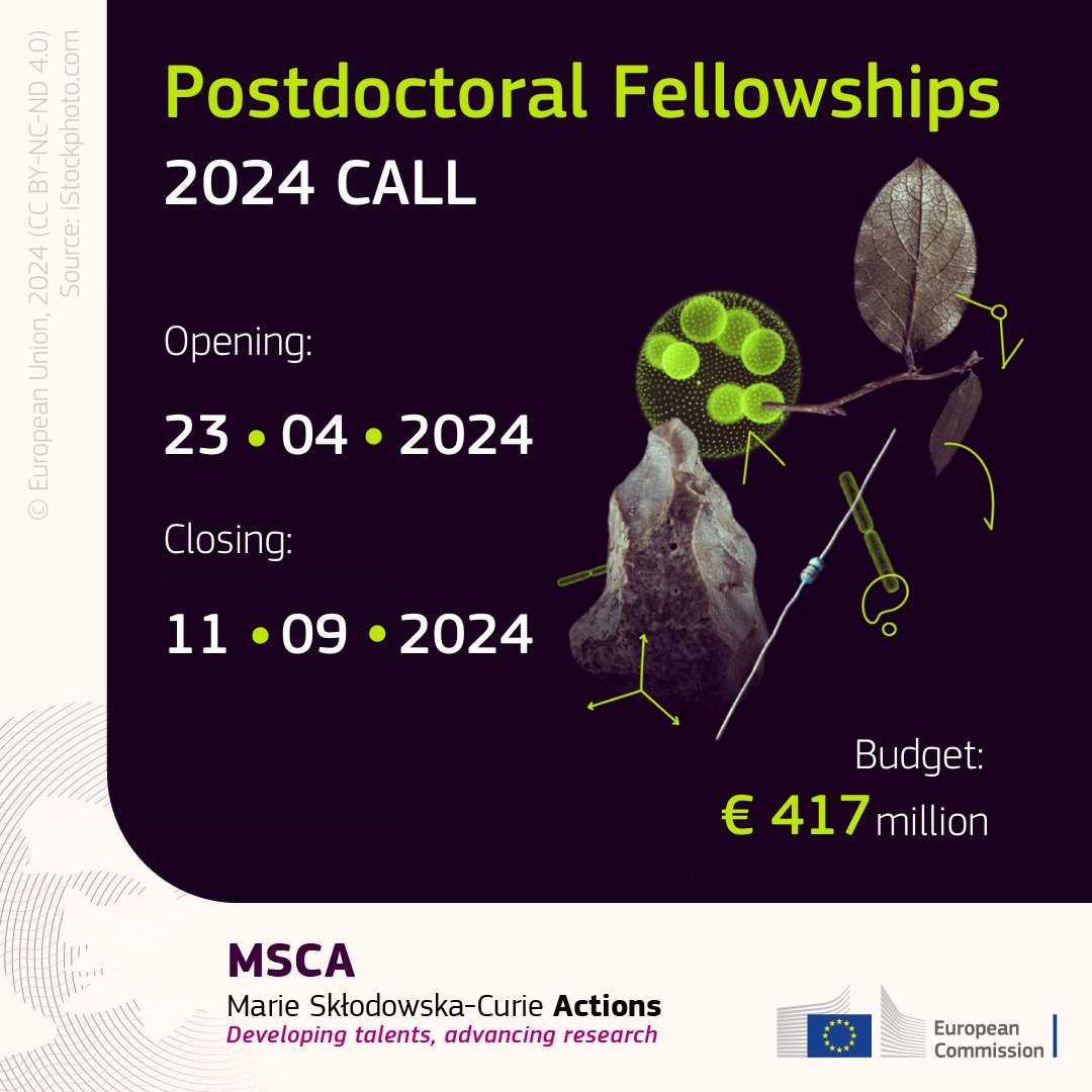 Which calls have opened? 1⃣ Postdoctoral Fellowships With a budget of €417 million, this Action helps researchers to: ✅ Acquire new skills ✅ Develop their careers ✅ Gain international & inter-sectoral experience Apply by 11 September 2024 ▶ europa.eu/!rwY3GN