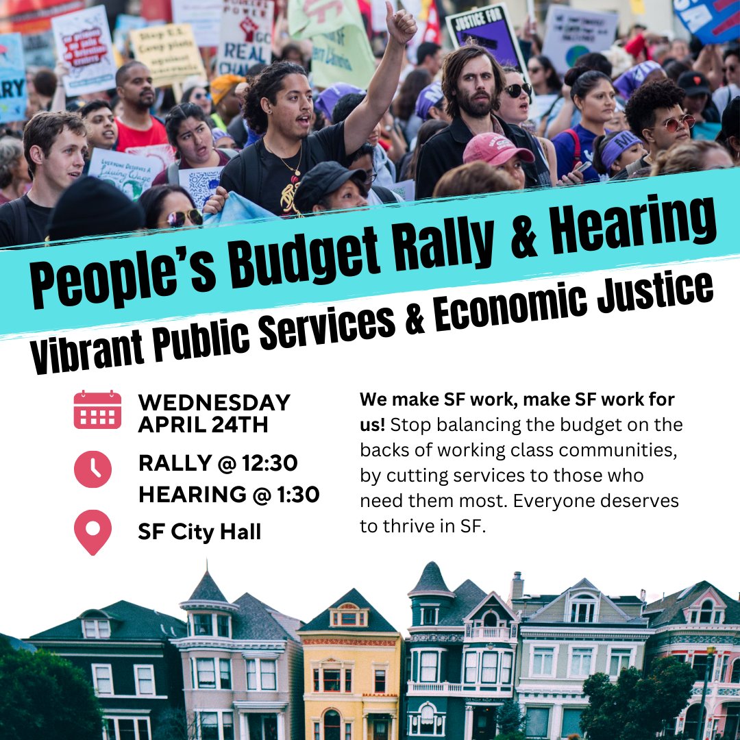 Whose city? Is SF for the billionaires, or for the working-class communities who love it, keep it running and make it what it is? Join us tomorrow to demand our city fund fully functioning public services to ensure the wellbeing of all SF residents! #SFPeoplesBudget