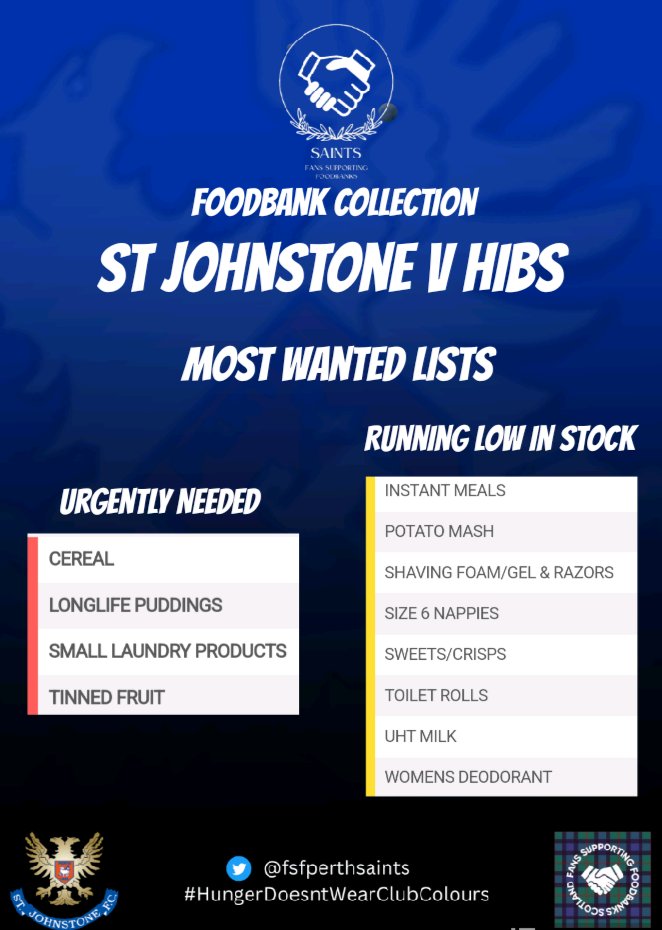 We'll be collecting for @KinrossPerth Foodbank & @Saints_Trust before the @StJohnstone v @HibernianFC match on Saturday. Although we're approaching the end of the football season, HUNGER DOESN'T HAVE A CLOSE SEASON, so please, if you can, help make this a huge collection 🙏