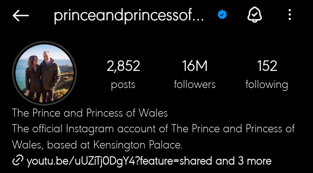 The Prince and Princess of Wales' account reached 16M followers on Instagram