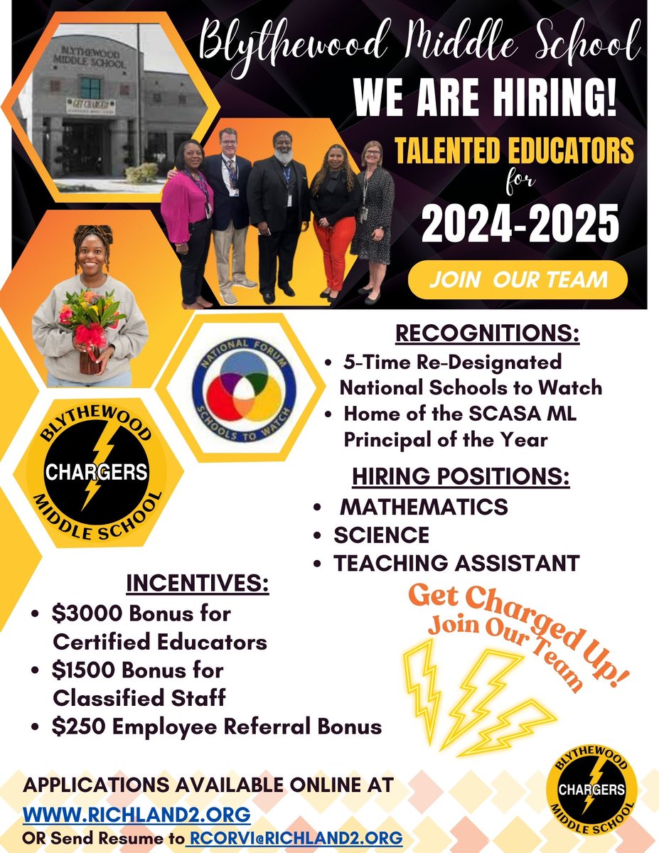 ⚡Passionate about Teaching! Exciting news! 📢 @BMSatRSD2 is looking for talented staff in Math, Science, and to serve as Teaching Assistants! Apply now to help us create an ELECTRIFYING future for our students! @RichlandTwo @MazyckKaris
