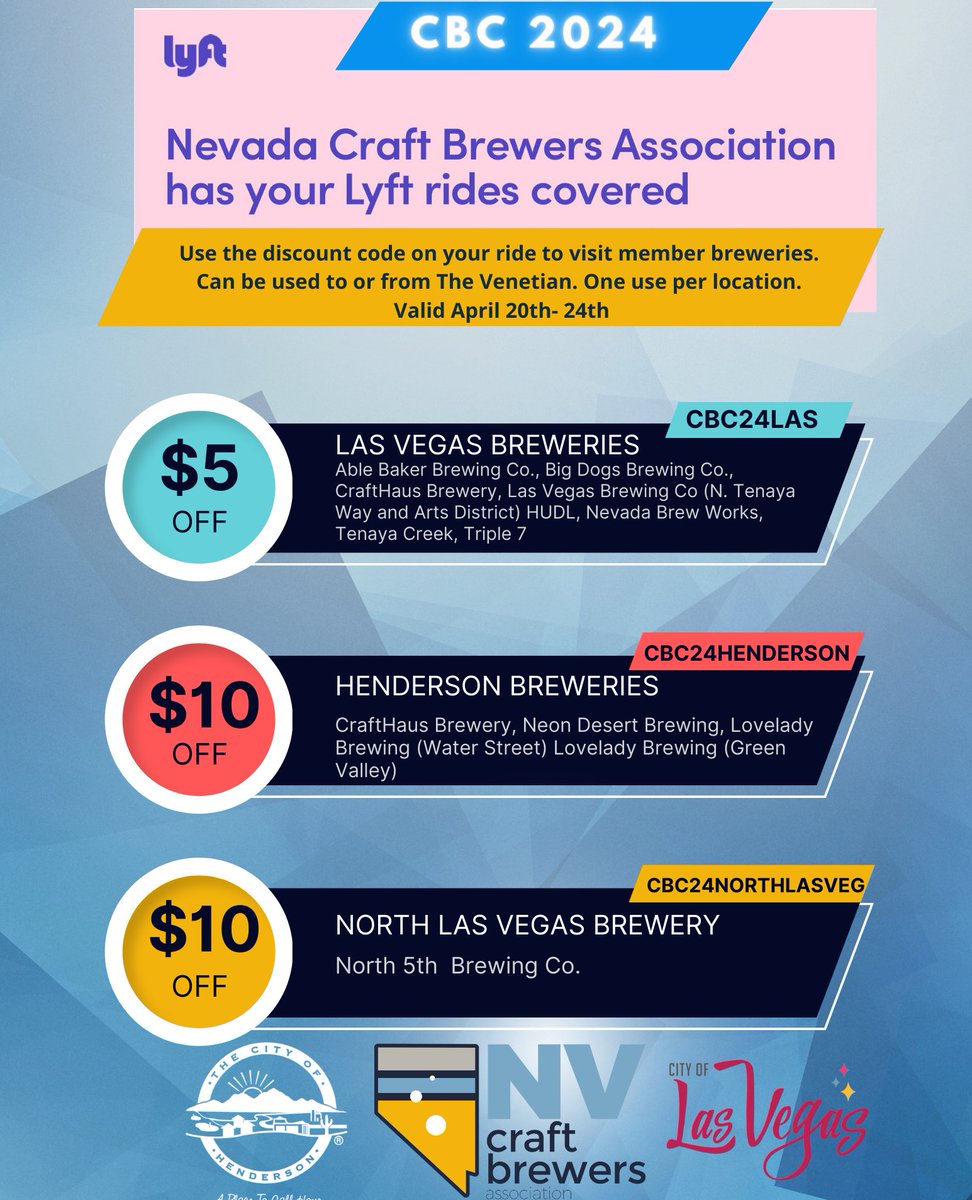 Raise a pint and toast to safe travels! 🍻 

Let the Nevada Craft Brewers Association be your designated driver with Lyft rides covered.

#NCBA #nvbeer #supportcraft #lasvegas #craftbrewersconference 
#cbcvegas