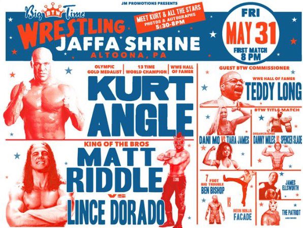 IT’S TRUE! BTW returns to Altoona, PA on May 31st with Olympic Gold Medalist, 13x World Champion and WWE Hall of Famer Kurt Angle! Plus @SuperKingofBros vs. @LuchadorLD Meet Kurt and all the stars for photos/autographs 5:30PM-8PM Tickets on sale now! t.ly/fUflw