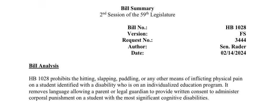 CLARIFICATION: Under the floor amendment adopted today, HB1028 prohibits the hitting, slapping, paddling or any other means of inflicting physical pain on disabled students (restoring some of the intent of the OG language) with an IEP. 1/2 #okleg #oklaed