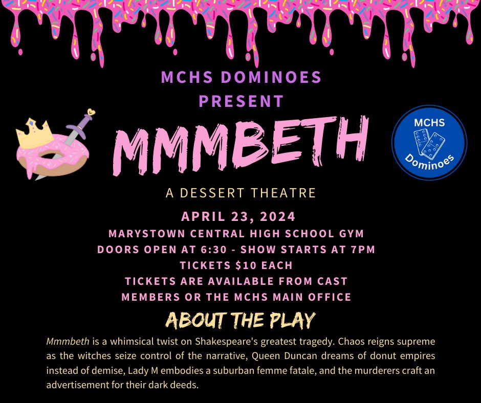 Happening tonight!! Tickets available at the door. $10.00 gets you a seat for this awesome production and a selection of desserts!