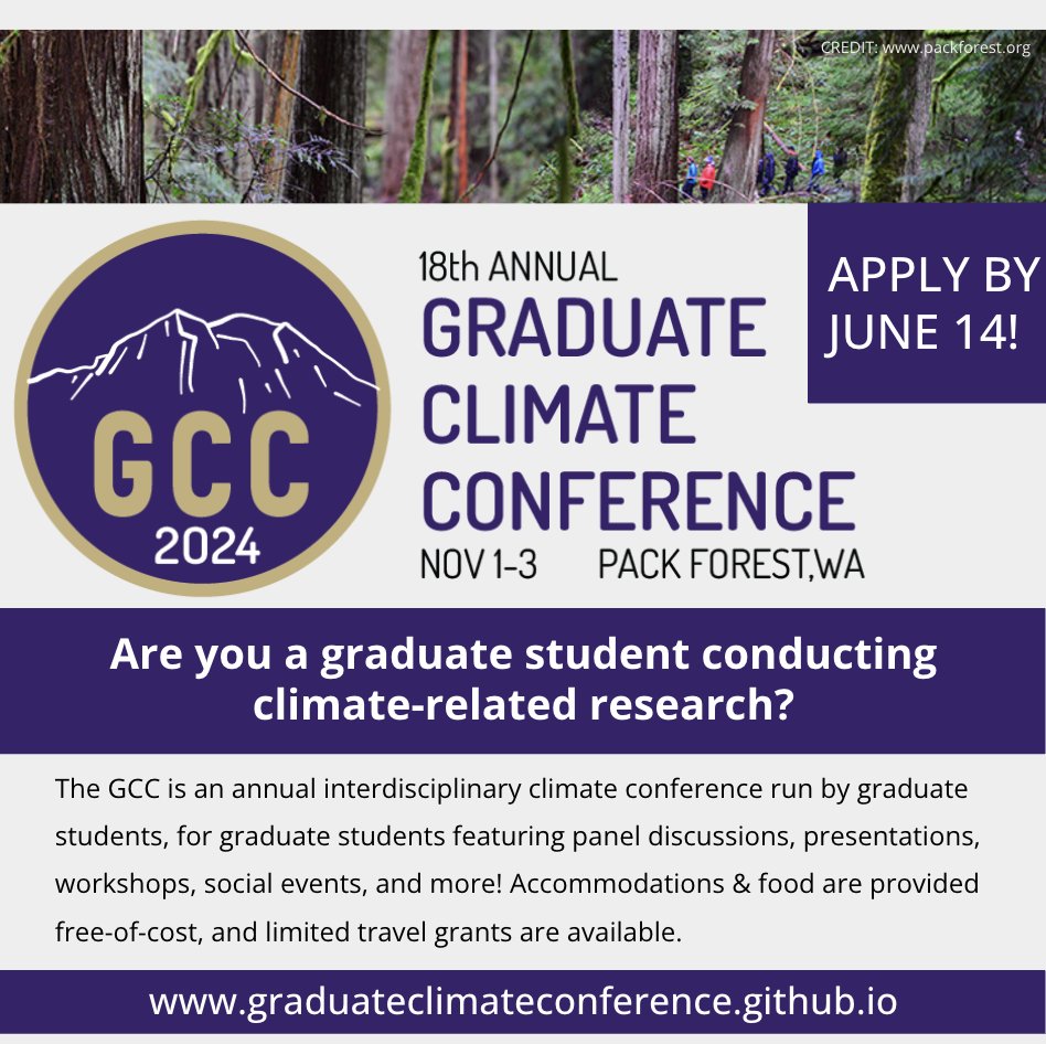 Applications are now open for the 2024 Graduate Climate Conference! This year GCC will take place at the Pack Forest Conference Center outside of Seattle, WA on Nov 1-3, 2024. Applications are due June 14! graduateclimateconference.github.io/application/