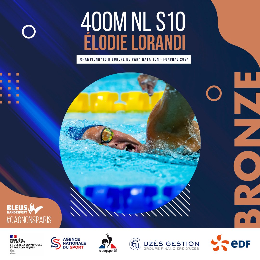 🥉𝐄́𝐋𝐎𝐃𝐈𝐄 𝐋𝐎𝐑𝐀𝐍𝐃𝐈 𝐄𝐍 𝐁𝐑𝐎𝐍𝐙𝐄 La championne paralympique de 2012 Elodie Lorandi (Handisport Antibes Méditerranée) décroche la médaille de bronze sur le 400m NL S10 ! #GagnonsParis 🇫🇷 #BleusHandisport