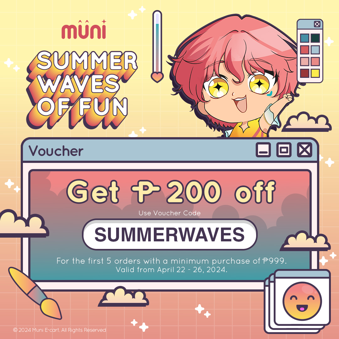 Fulfill your art merch needs with Muni!

Use the code SUMMERWAVES on checkout to get P200 off of P999 minimum purchase!

Code validity is from April 22-26, 2024 only.
Visit our site at muniecart.com c:

(Ships within the Philippines only.)