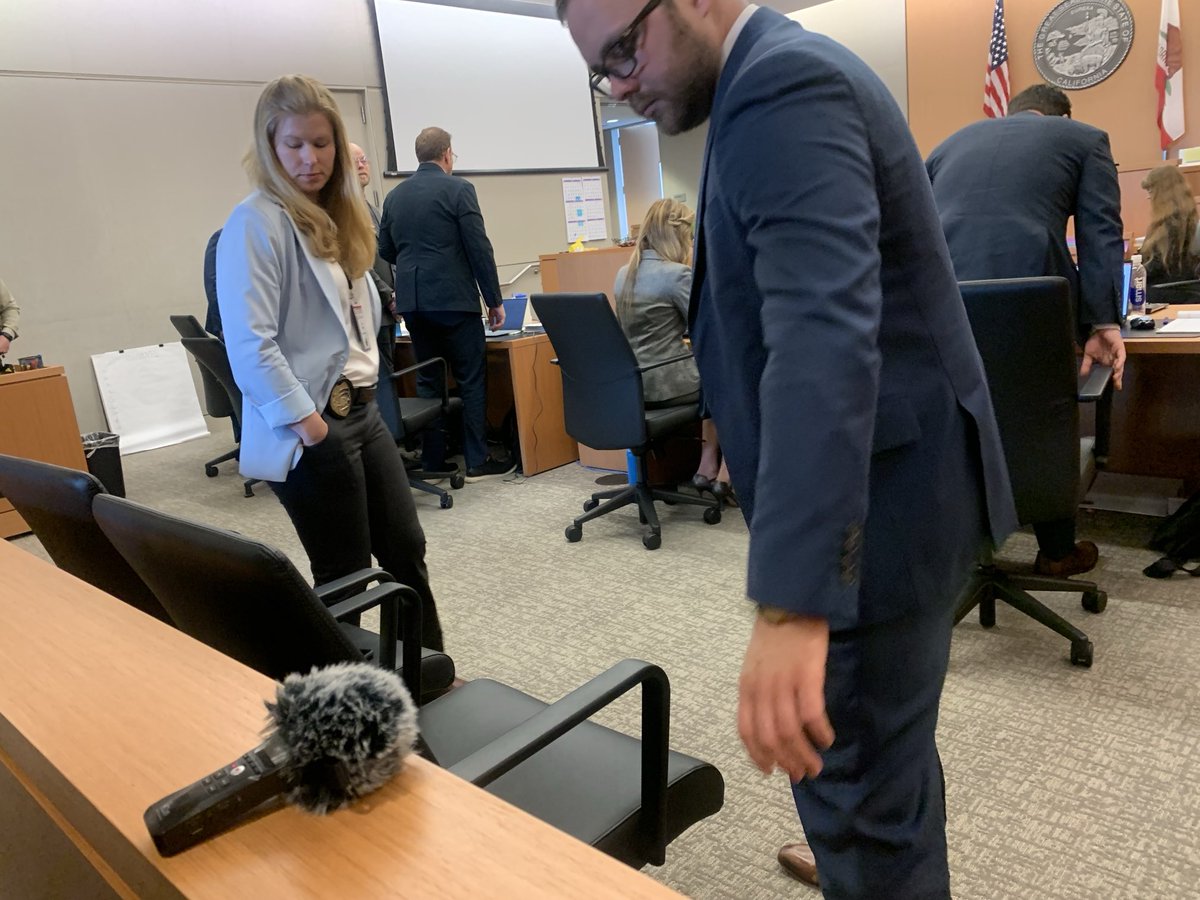 SDPD detective and lawyers prepare to leave for lunch in #PBriot case after defendants’ lawyers finish closing arguments. DA rebuttal to come at 1:30 pm and then final jury instructions before the 8-woman, 4-man jury heads to deliberate antifa conspiracy and assault charges.