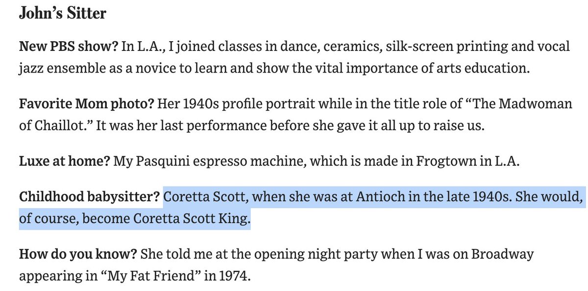 TIL John Lithgow's childhood babysitter was 'Coretta Scott, when she was at Antioch in the late 1940s. She would, of course, become Coretta Scott King.' wsj.com/real-estate/jo…