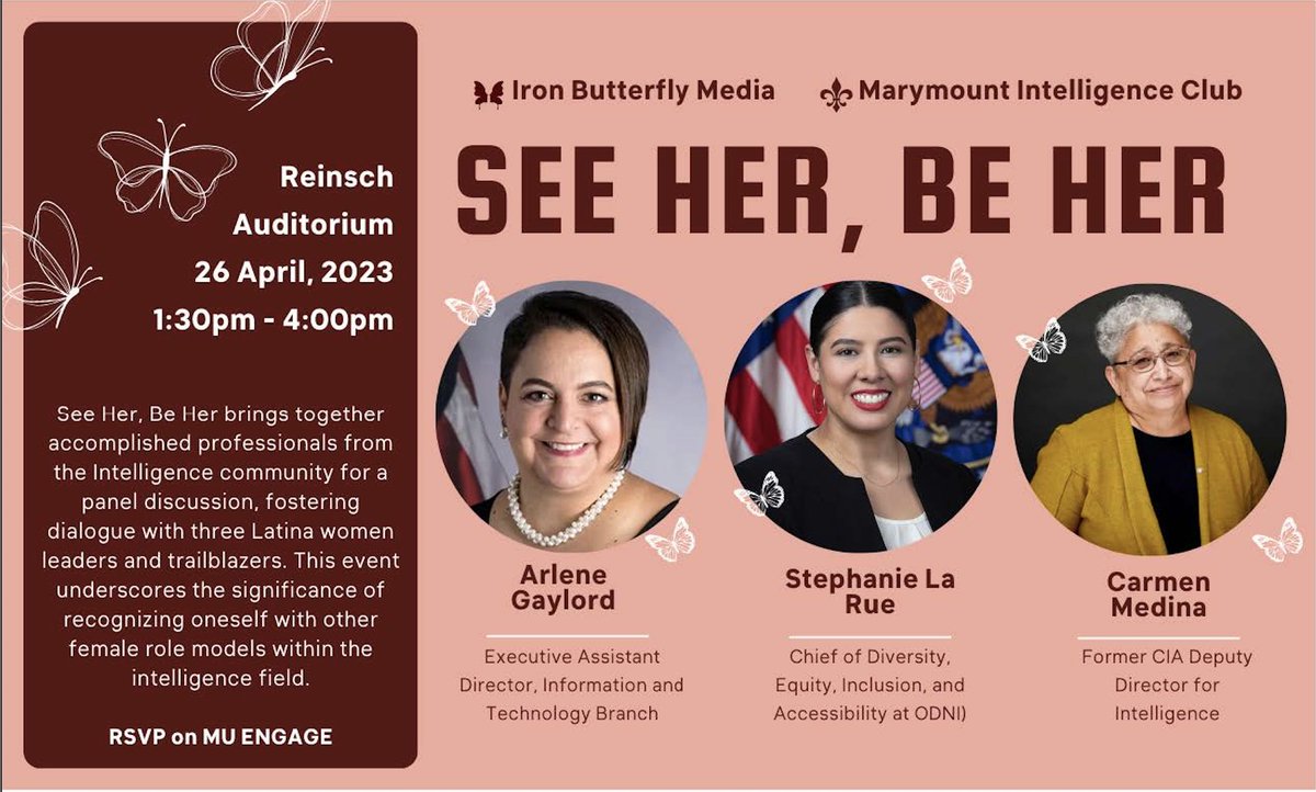 This Friday, three accomplished professionals in the intelligence community will share their stories in our 'See Her, Be Her' panel that highlights the importance of female role models in this exciting career field. Register here: marymount.campuslabs.com/engage/event/1…