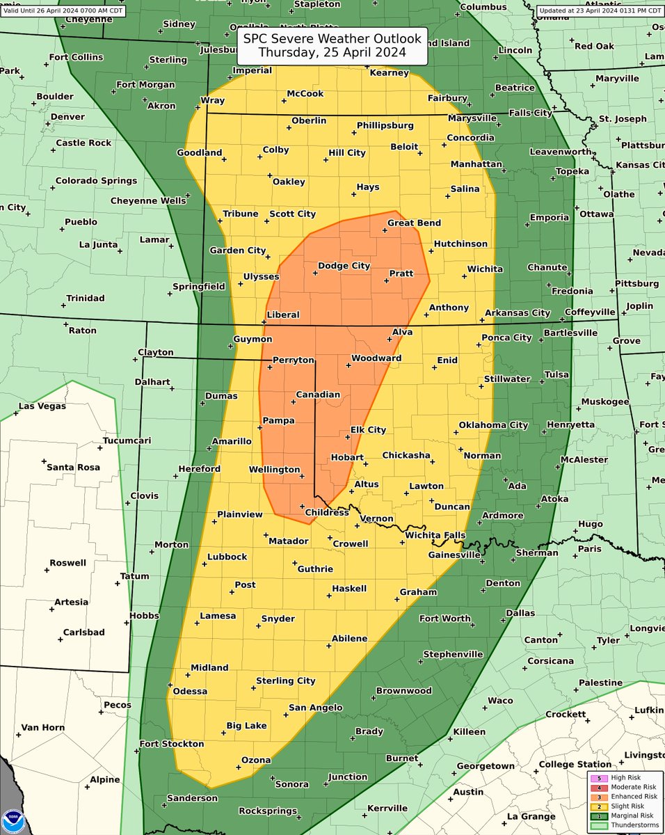 For Thursday (4/25), there is an Enhanced risk of severe weather for parts of the Texas Panhandle into western Oklahoma and south-central Kansas. Confidence has increased in strong to intense tornadoes and very large (2-3 in.) hail, in addition to severe wind gusts.