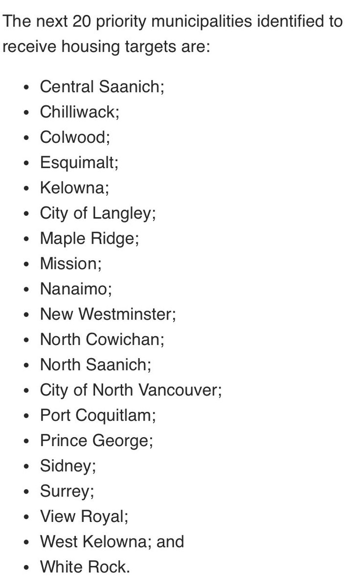 The province has released its latest round of municipalities required to build more housing. This 20 is added to the initial 10. #bcpoli