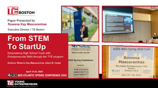 Celebrating a landmark moment for TiE Boston's TYE program, whose impact on youth entrepreneurship education was highlighted at the ASEE Mid Atlantic Spring Conference! 

Kudos to Rowena Kay Mascarenhas Mascarenhas and Adam Carter for their research contributions.

#TiEYouth