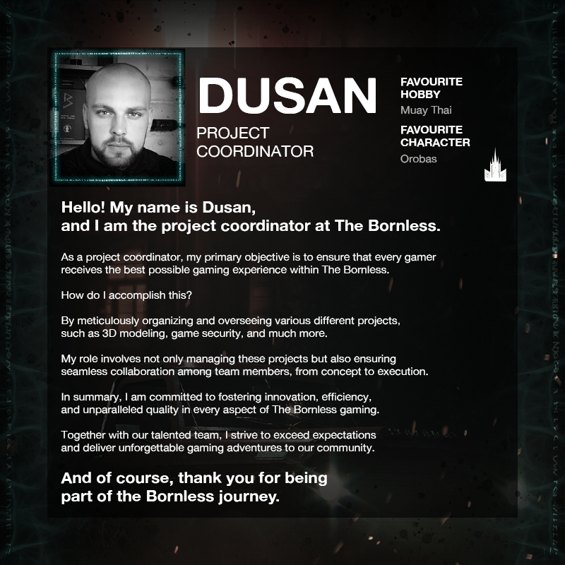 Delve into the Strategic Mastery of Dušan Gavrilović, Project Coordinator of The Bornless.

#gamedev #gamedeveloper 
🧵1/3🧵