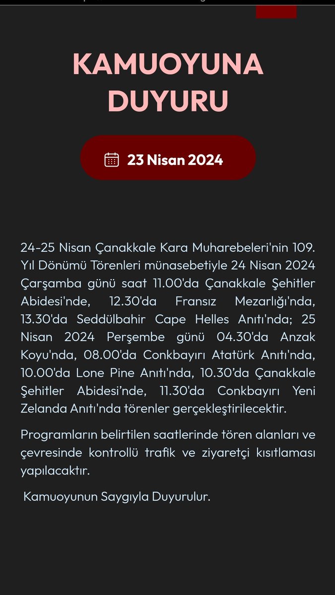 @TarihiAlan DUYURU
Çanakkale Kara Muharebelerinin Başlamasının 109. Yıldönümü Nedeniyle