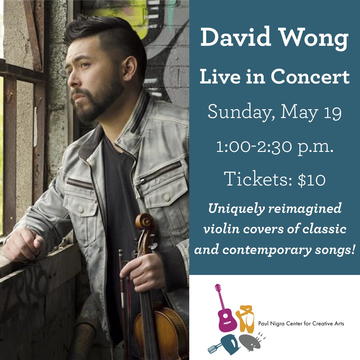 The #NigraArtsCenter is excited to welcome violinist David Wong for a concert on May 19! David uses a loop pedal to become a one-man band, performing cover songs with layered harmonies, percussion, bass lines &amp; more. Tickets are $10 – get yours at bit.ly/3xWgS4eor!