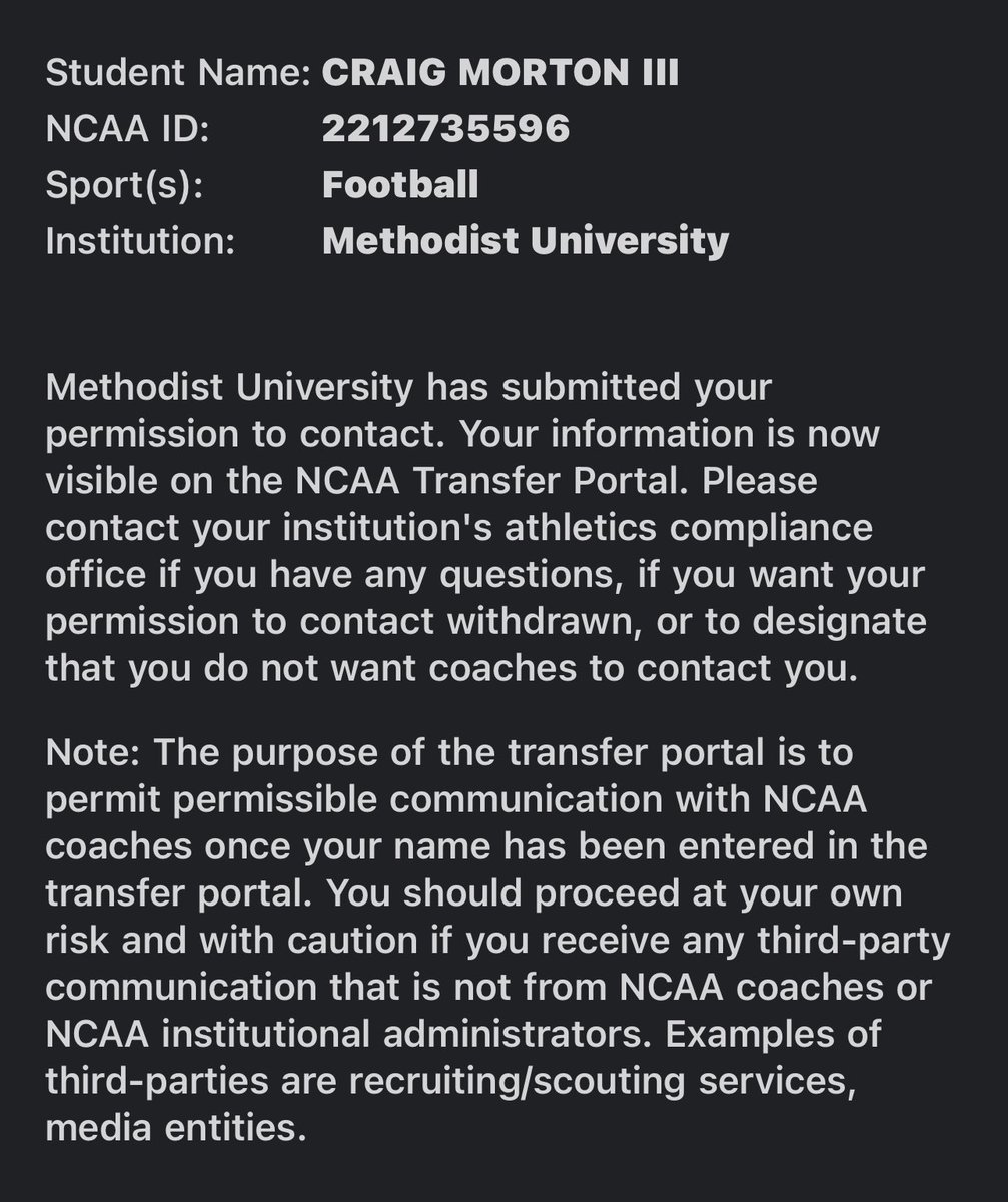 CraigMorton32's tweet photo. I am very thankful for the opportunity to further my football career at Methodist University 🔰 but I’m officially entering the transfer portal with 3 years of eligibility + a redshirt year remaining.

6’1” 205lb OLB / SS https://t.co/Gp1V08YLwi