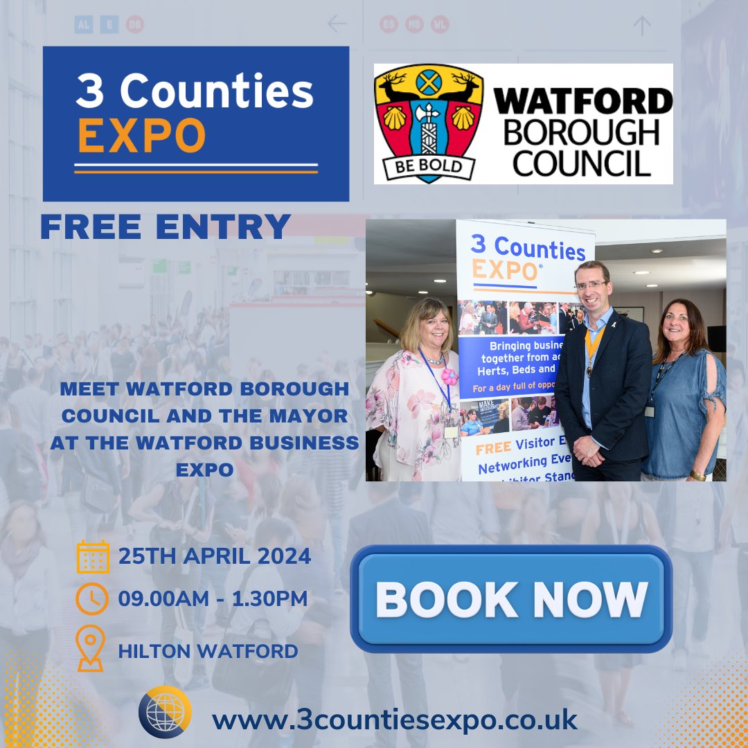 Watford Borough Council have a stand again this year 
Come and meet the team from the council and find out ore about how they can support your business 
Just turn up on the day from 9am-1.30pm
Free entry, free parking and free refreshments
25th April Hilton Watford