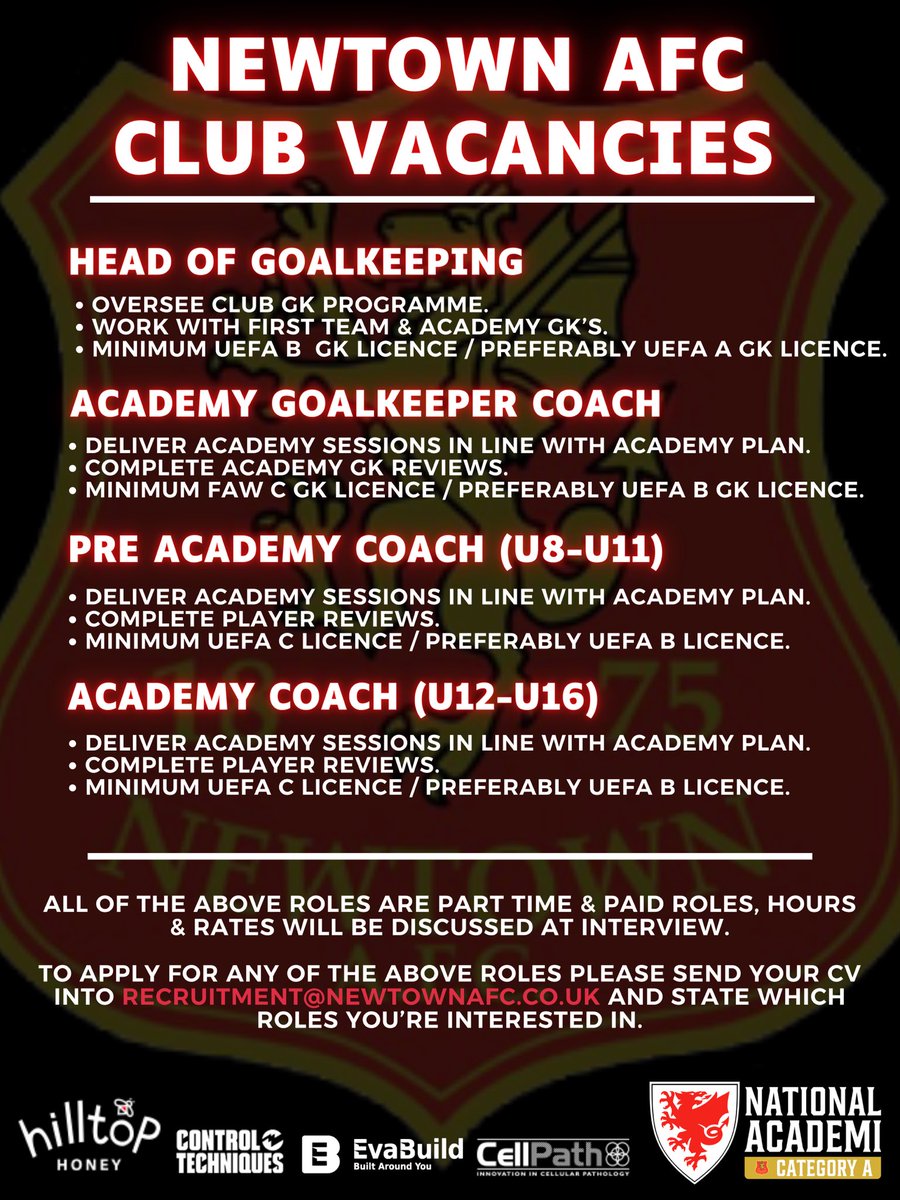 NewtownAFC's tweet photo. WE’RE HIRING 🔴⚪️

Please click on the link below for further information 👇

https://t.co/Ovg72844cw

@CTSport @ShropshireStar @JonnyDrury_Star @CambrianNews @NorthWalesChron @FAWales @CymruLeagues https://t.co/Z7YnJWZAuQ