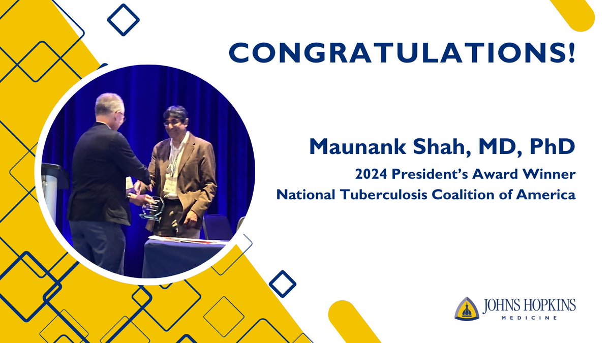 Congratulations @maunankshah1, honored by the National Tuberculosis Coalition of America with 2024 President's Award! #tuberculosis #TB @HopkinsMedicine @JohnsHopkinsDOM 👏👏🤩