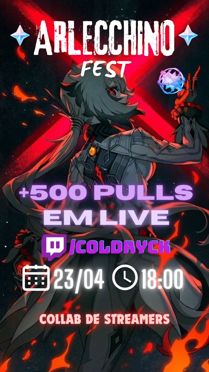 VAMOS TER ARLECCHINO FEST HOJE HEIN 💖✨😌
Um festival de pulls no banner da Arlecchino as 23h assim que virar a atualização no Genshin Impact 🥺 Quem quiser vir atirar junto na live ou participar só me chamar baby, vai ser tudo 🥰

Horário: 18h ⏰
Data: 23/04
Link: 🔗🟣/coldryck