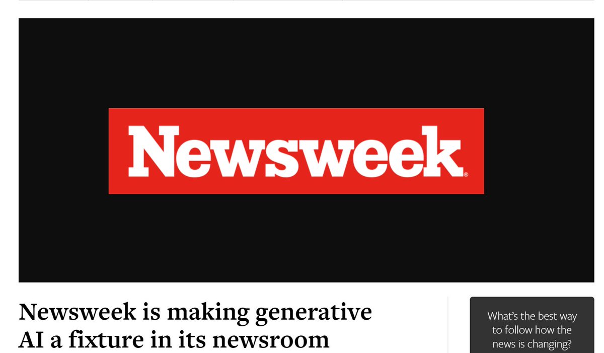 WahibaChair's tweet photo. "@Newsweek's AI policy addendum gives staffers the greenlight to use #getAI in “writing, research, editing, and other core journalism functions,” as long as journalists are involved in each step of the process." via @niemanlab
🤔Feel free to share any thoughts after you read the article 😊 #FutureOfNews #UCWCOMM205 #UCWCOMM203 #UCWCOMM102