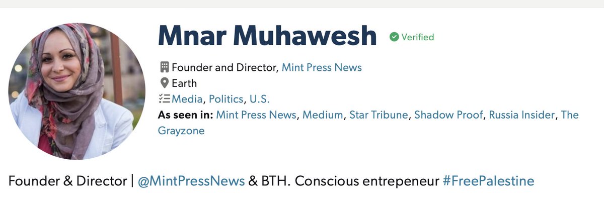 edrormba's tweet photo. Here is the CEO of Mint Press. It is a Minessota based Arab (maybe PaleStinian) owned media to spread Free PalesTine lies and BDS misinformation. I am sure Al Jazeera will approve her honest journalism #MintPress #FreePalestine #BDS #PaliPropaganda