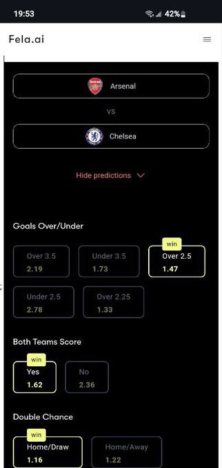 It's game day, fam! I'll be utilizing @fela_ai to predict the outcome of the Arsenal vs Chelsea match. Today, you'd see how AI helps me win bets. Other predictions available too. Check: fela.ai