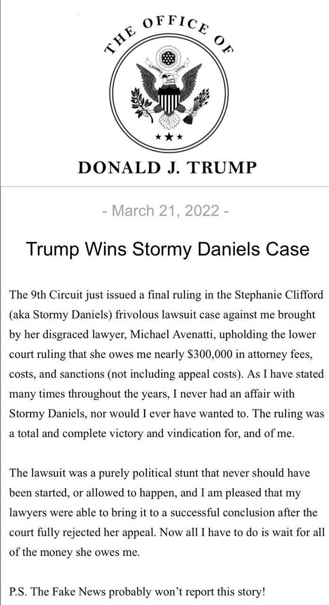 Donald J. Trump 🇺🇸 NOT MAKING HEADLINES‼️ Stormy Daniels Owes Trump $300,000 Plus Interest for Making FALSE CLAIMS Against Him — For some reason the lapdog media is not reporting today that Stormy Daniels owes President Trump 300,000 for making false claims against him. In