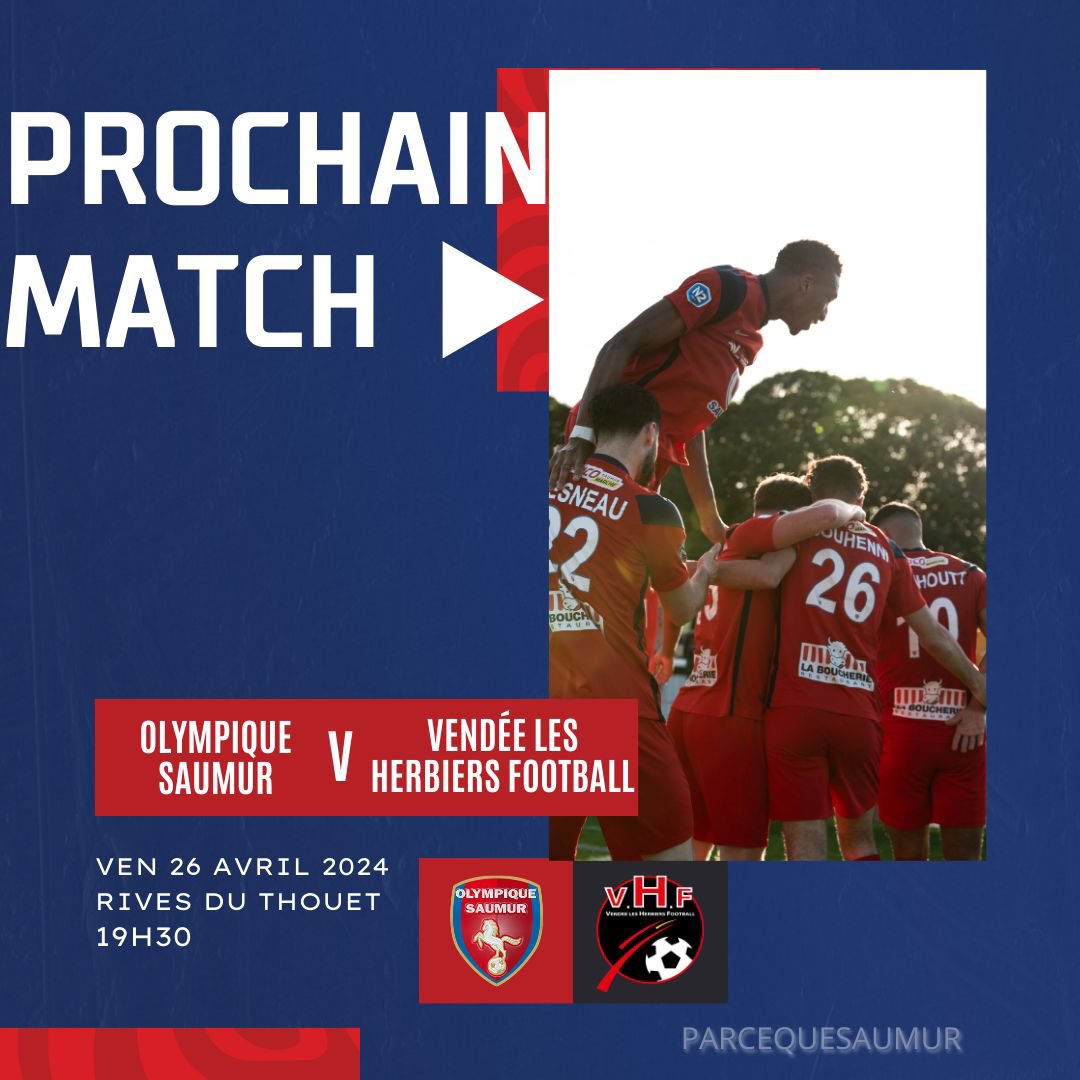 [MATCHDAY 2️⃣4️⃣ #N2 ]

Notre N2 reçoit, ce VENDREDI soir à 19h30, nos voisins vendéens des Herbiers ⚡️

Ils comptent sur vous dans ce sprint final pour le maintien 🤞

🗓️: Vendredi 26 Avril
🏟️: Stade des Rives du Thouet
⏰: 19h30
🆚: <a href="/VHFootOfficiel/">Vendée Herbiers Foot</a> 

#PARCEQUESAUMUR 🔴🔵