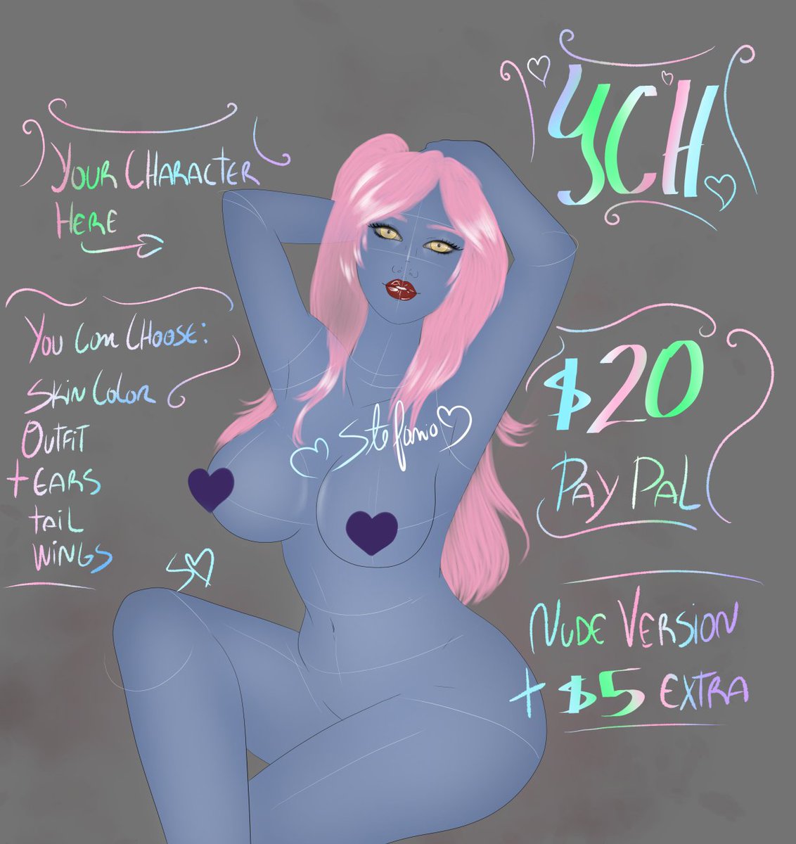 new ych offer♥ 5 available slots🥰 🔞adult content🔞 you can choose: skin color ♦️ Outfit + ears, tail and wings♥ +simple background $20 and + $5 extra for nude version only paypal upfront payment time for delivery is 6 days feel free to send me a dm ♥